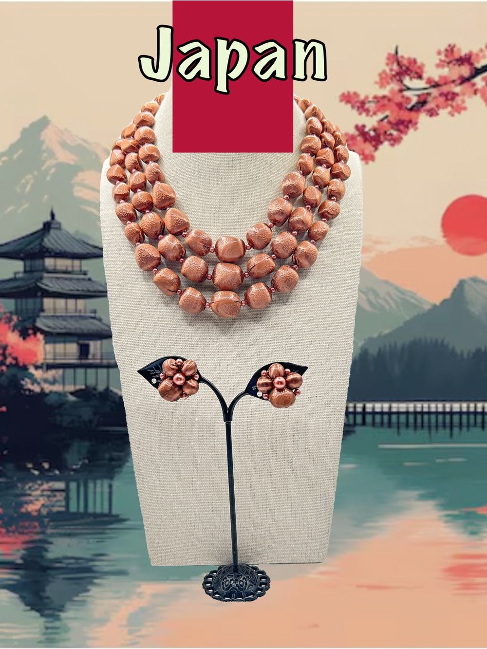 Vintage Japan Multi-Strand Necklace & Clip-On Earrings Set Copper Bronze Tone